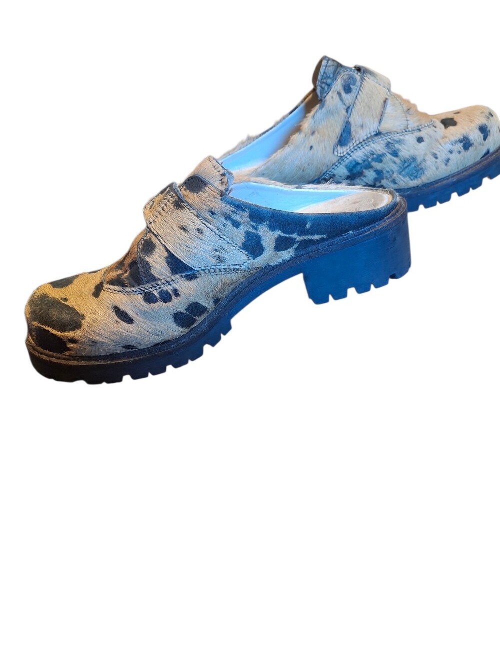 Vintage Geier Wally Austria Pony Hair Cow Print Clogs Sz 8.5 Lug Sole Mule - Picture 7 of 13
